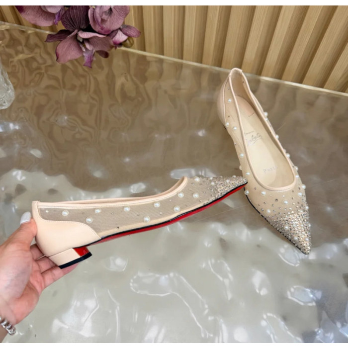 Christian Louboutin Beige Mesh Pearl Crystal‑Embellished Pointed‑Toe Flat Pumps