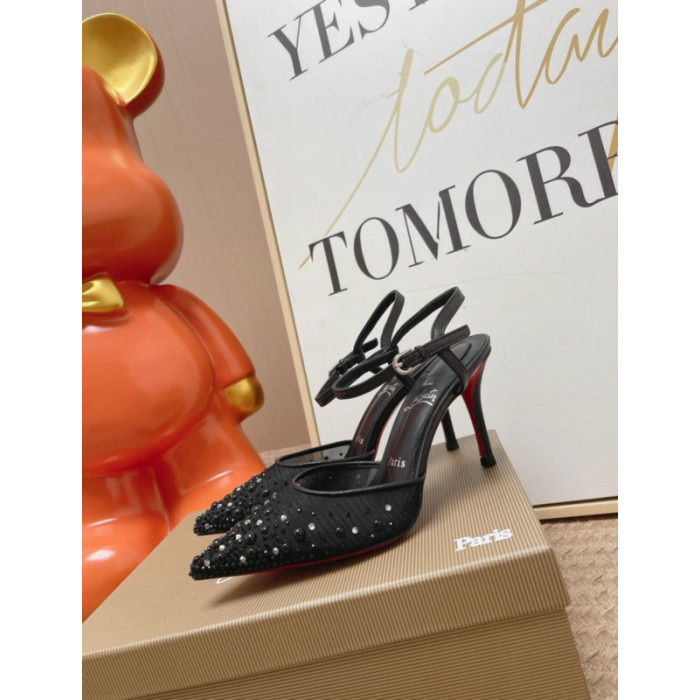 Christian Louboutin Black Mesh 80mm Apostropha Crystal‑Embellished Slingback Stiletto Heel Pumps
