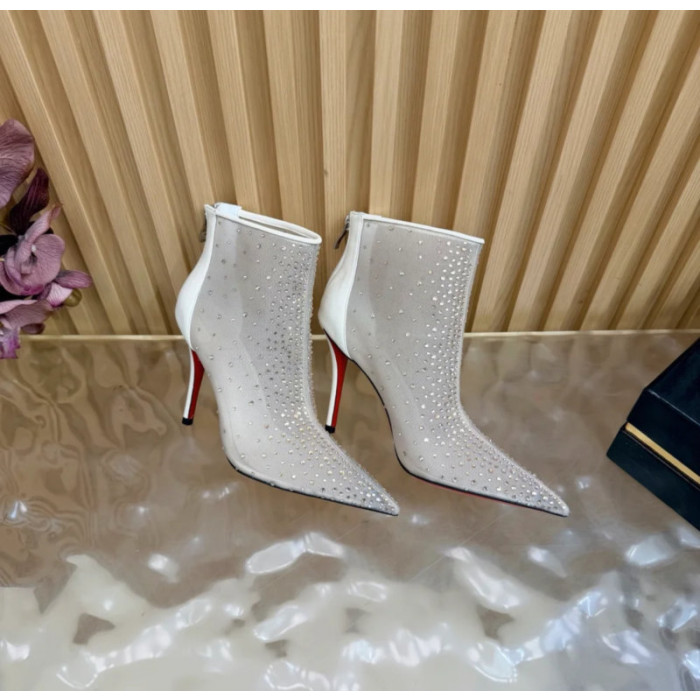 Christian Louboutin Ivory Mesh 100mm Crystal‑Embellished Pointed Toe Stiletto Heel Ankle Boots