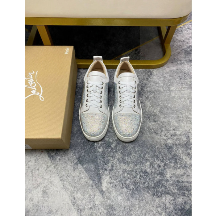 Christian Louboutin White Leather AB Crystal‑Encrusted Low‑Top Sneakers