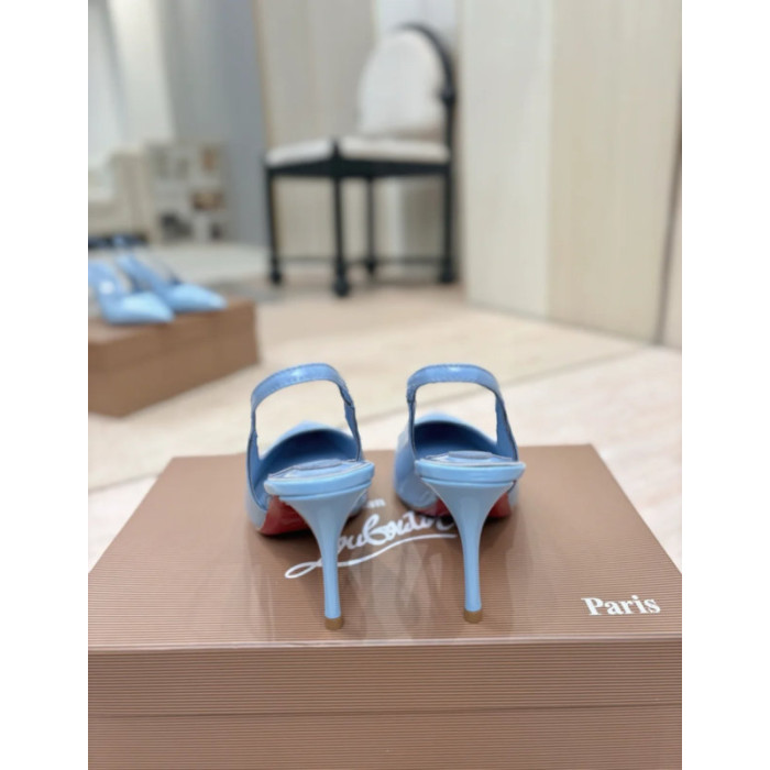 Christian Louboutin Light Blue Patent 85mm Slingback Pointed‑Toe Heel Pumps