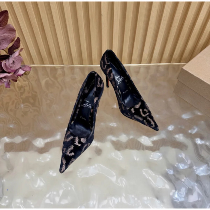 Christian Louboutin Black Velvet Gold‑Leopard Print Pointed‑Toe 120mm Stiletto High Heel Pumps