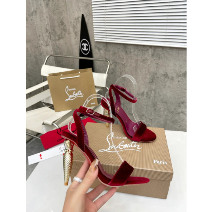 Christian Louboutin Burgundy Velvet 100mm heel Ankle Strap Sandals