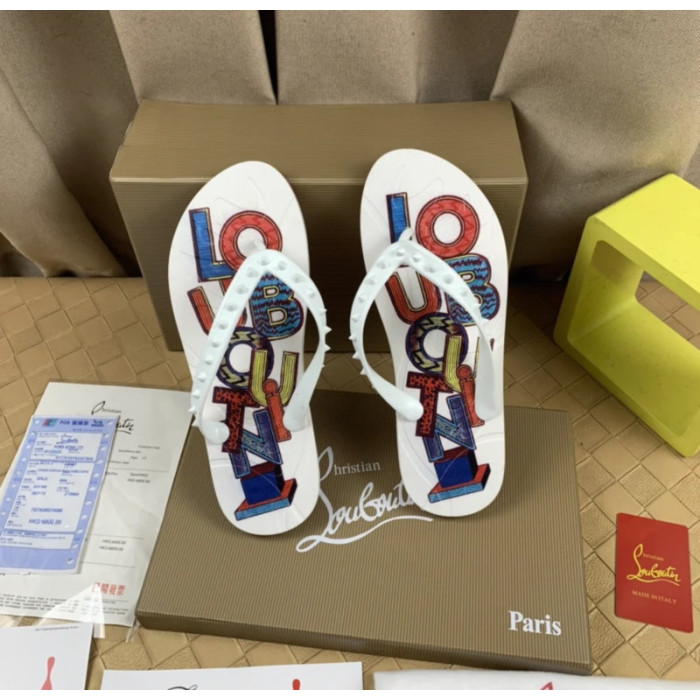 Christian Louboutin White Multi‑Color Graphic Print Studded Flip‑Flop Sandals