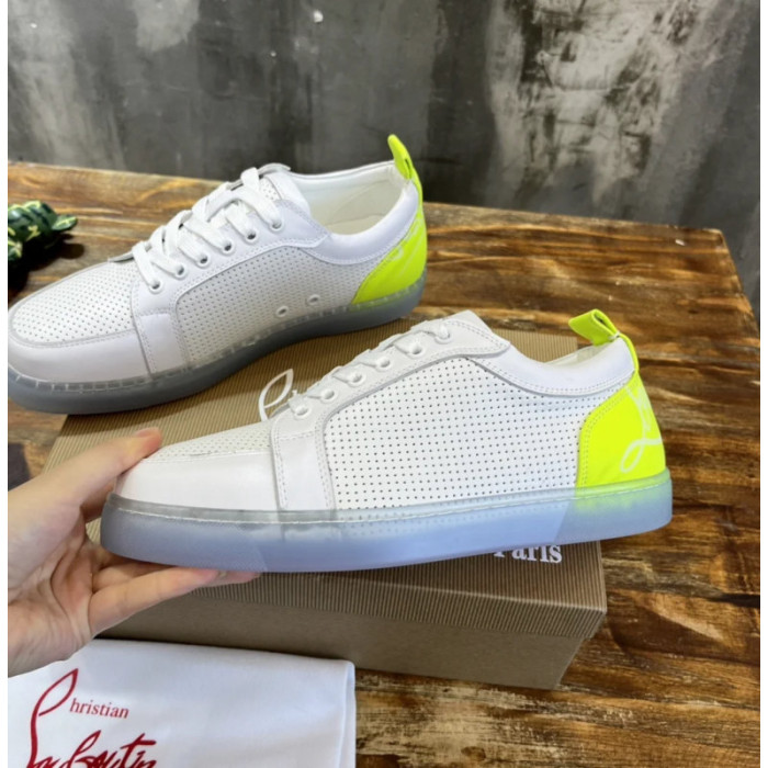 Christian Louboutin White Perforated Leather Fluorescent‑Yellow Accent Low‑Top Sneakers