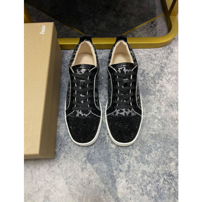 Christian Louboutin Black Suede Silver‑Glitter Floral Crystal‑Toe Low‑Top Sneakers