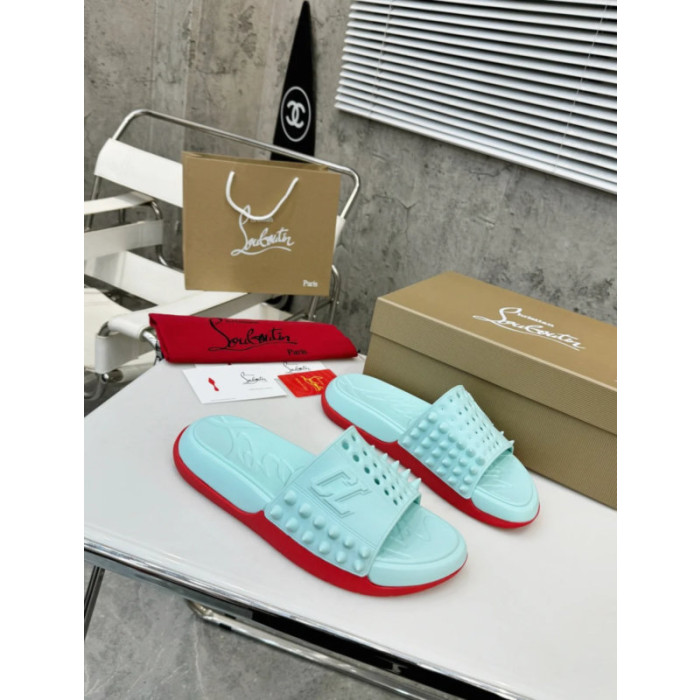 Christian Louboutin Mint Green Stud‑Embellished CL Logo Slide Sandals