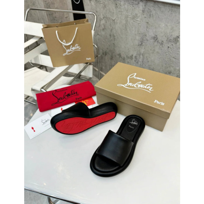 Christian Louboutin Black Leather Platform Flat Slide Sandal