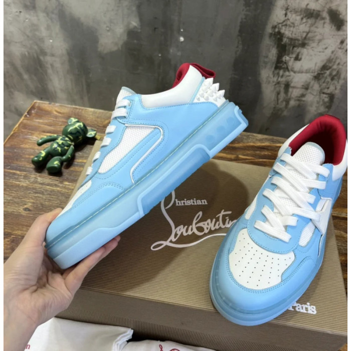Christian Louboutin Light‑Blue‑White Spiked Platform Low‑Top Sneakers