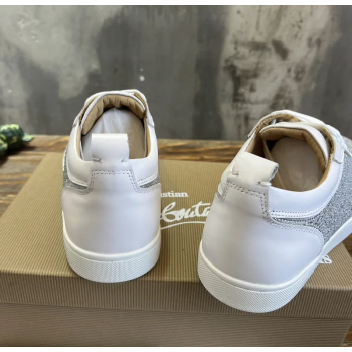 Christian Louboutin White Leather Silver Crystal‑Embellished Low‑Top Men’s Sneakers
