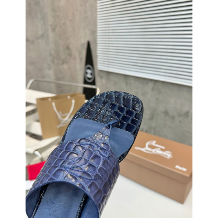 Christian Louboutin Navy Croc‑embossed Leather 55mm Block Heel Mule Sandal