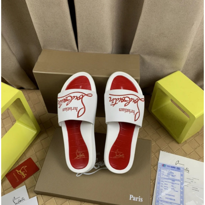 Christian Louboutin White Rubber Slide Sandals Red Signature Script Logo