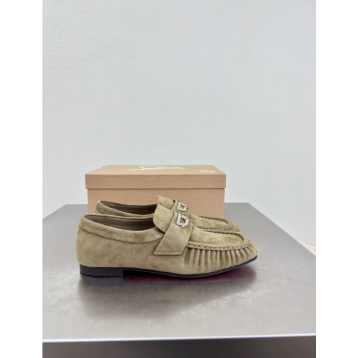 Christian Louboutin Khaki Suede Metal‑Accent Slip‑On Loafers