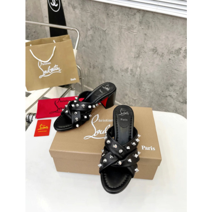 Christian Louboutin Black Leather Studded 55mm heel Slide Sandals