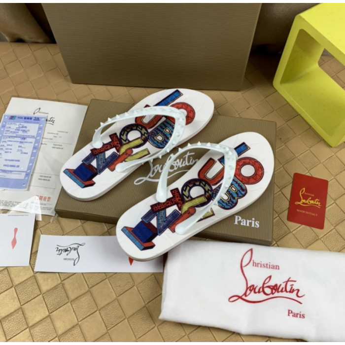 Christian Louboutin White Multi‑Color Graphic Print Studded Flip‑Flop Sandals