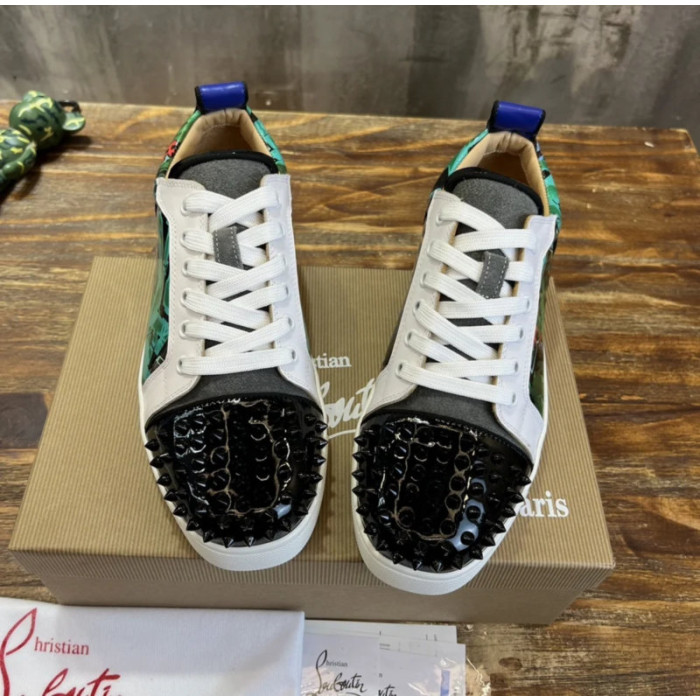 Christian Louboutin Green Graffiti‑Print Spiked‑Toe Low‑Top Lace‑Up Sneakers