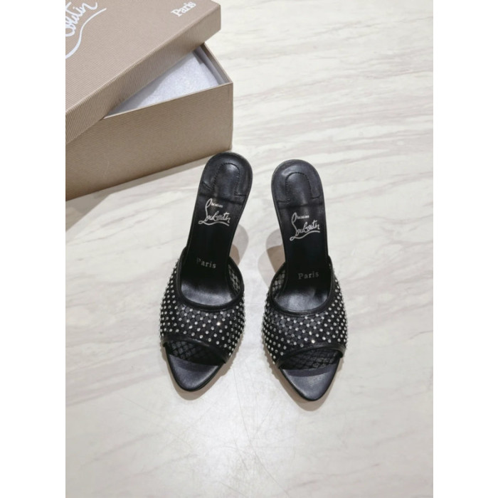 Christian Louboutin Black Mesh 85mm Crystal‑Embellished Peep‑Toe Slide Stiletto Heel Mules