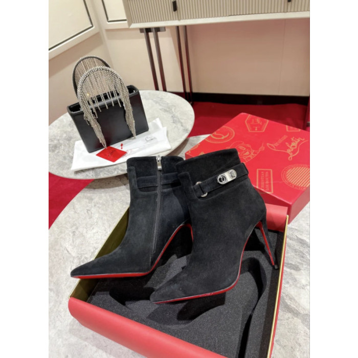 Christian Louboutin Black Suede 100mm Lock‑Buckle Pointed Toe Ankle Boots