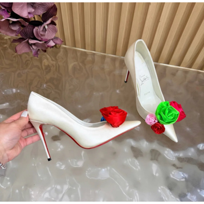 Christian Louboutin Off‑White Satin Multicolor Fabric Flower 100mm Stiletto Heel Pumps