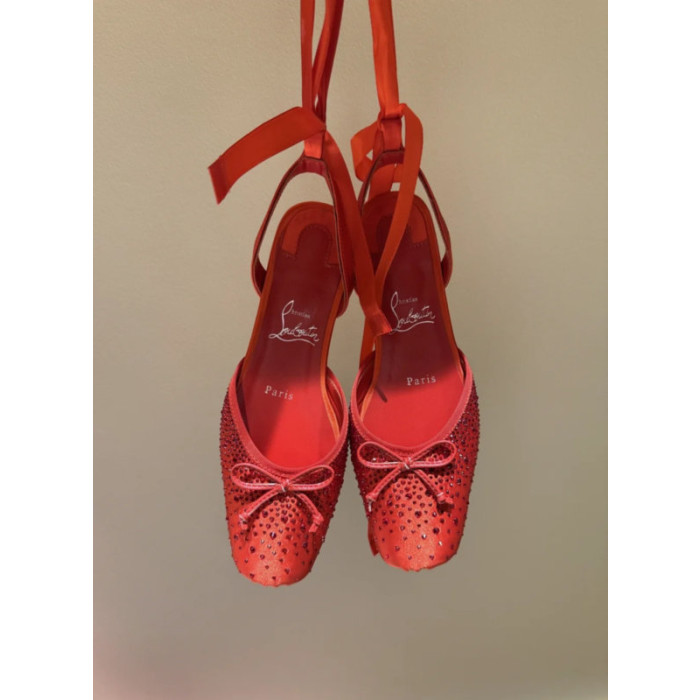 Christian Louboutin Red Satin Crystal Tie‑Ankle Ballet Flats