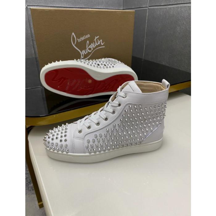 Christian Louboutin White Leather Full Silver‑Spiked High‑Top Sneakers