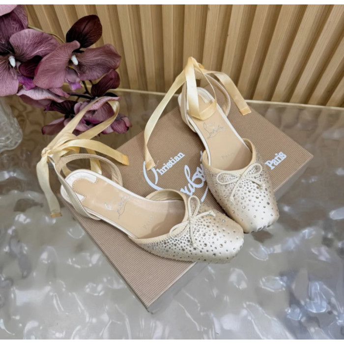 Christian Louboutin Cream Satin Crystal‑Embellished Ankle‑Tie Slingback Ballet Flats