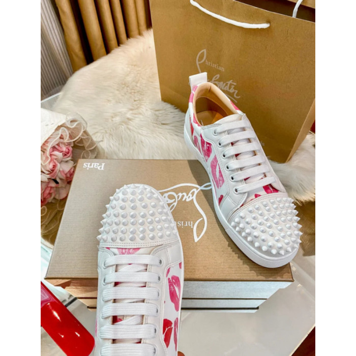 Christian Louboutin Lips‑Print Spiked Toe Low‑Top Lace‑Up Sneakers