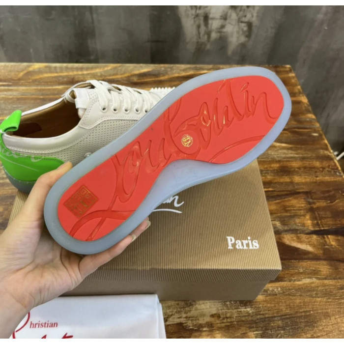 Christian Louboutin White Perforated Leather Green‑Accent White‑Spiked Low‑Top Sneakers