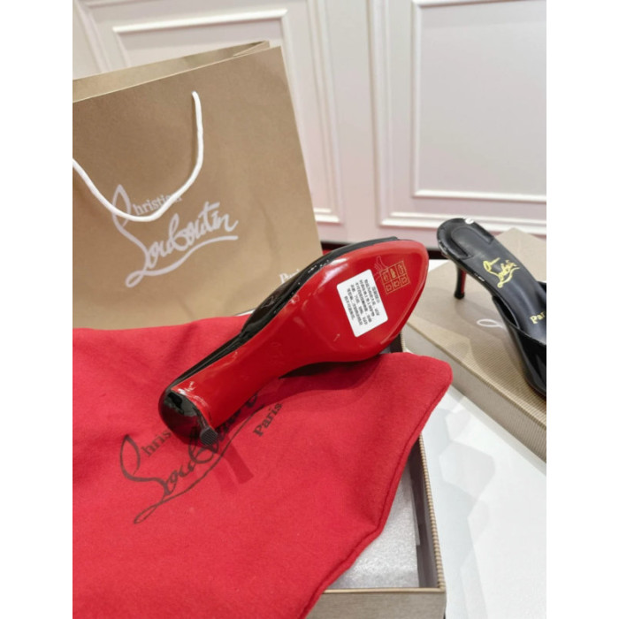Christian Louboutin Black Patent Peep‑Toe Stiletto Heel Mules