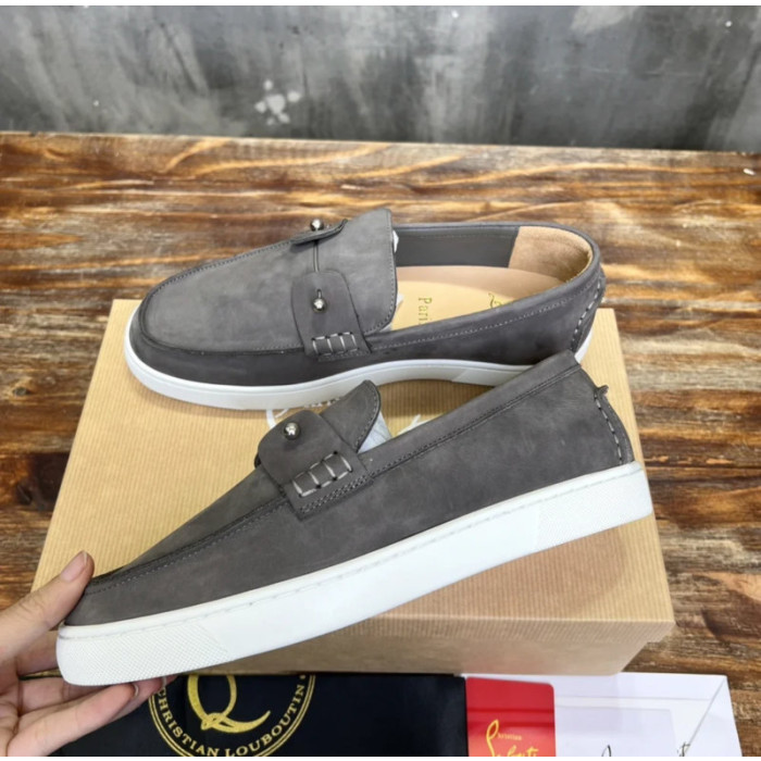 Christian Louboutin Dark Grey Nubuck Slip‑On Loafers