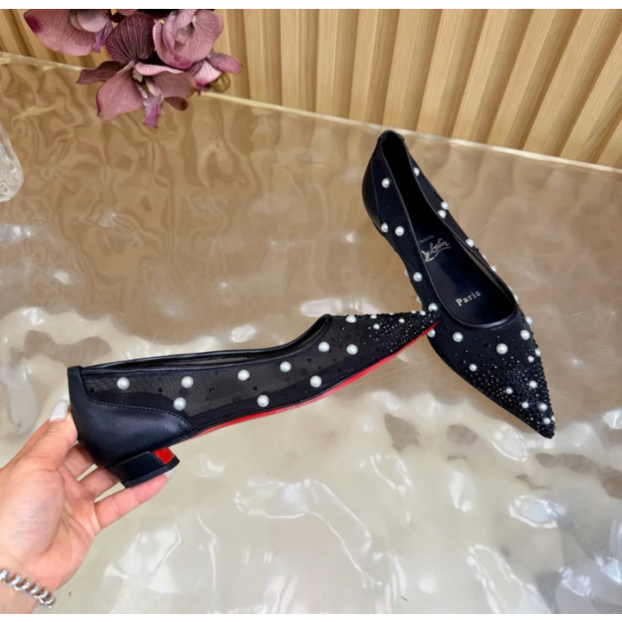 Christian Louboutin Black Mesh Pearl Crystal‑Embellished Pointed‑Toe Flat Pumps
