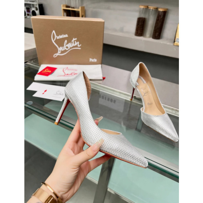 Christian Louboutin Silver Grid Textured Half‑d'Orsay Pointed‑Toe 100mm heel Pumps