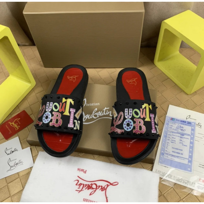 Christian Louboutin Black Colorful Graffiti‑Print Spiked Slide Sandals