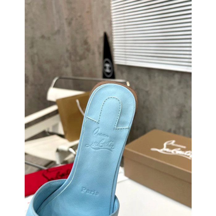Christian Louboutin Light Blue Leather 55mm heel Block Heel Slide Sandal