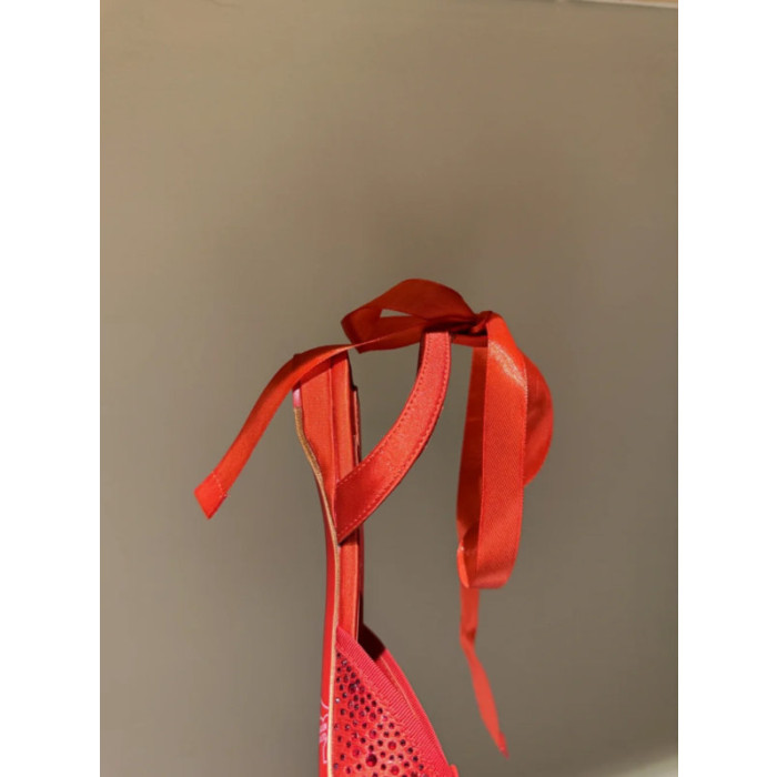 Christian Louboutin Red Satin Crystal Tie‑Ankle Ballet Flats