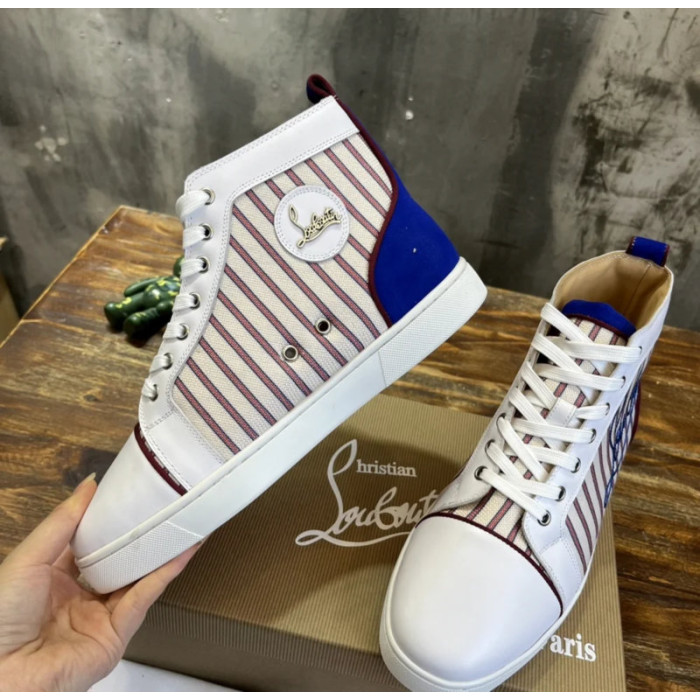 Christian Louboutin Striped Canvas Leather‑Trim High‑Top Sneakers