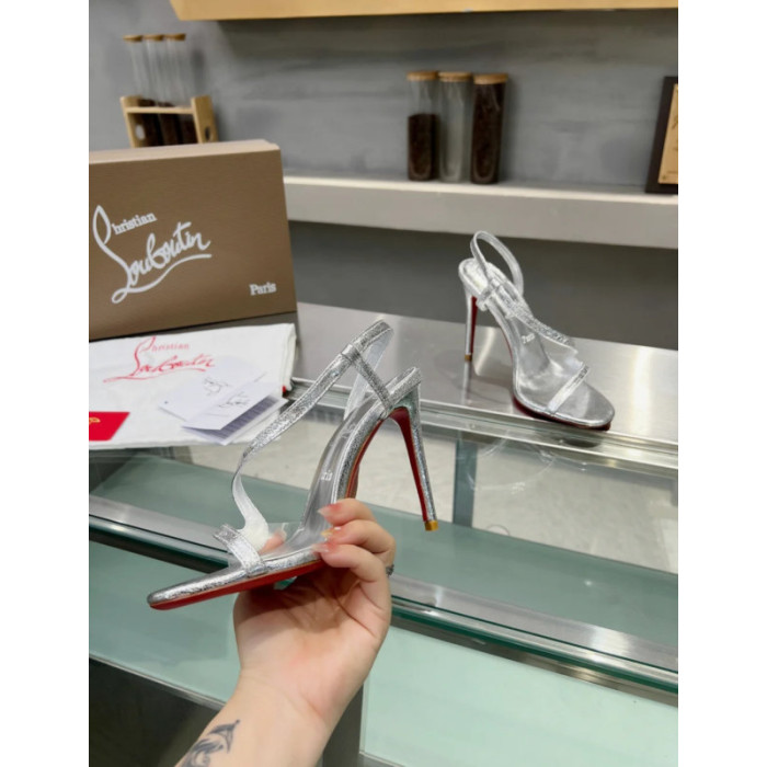 Christian Louboutin Silver Metallic Asymmetric Curved Strap Slingback Sandal 100mm heel