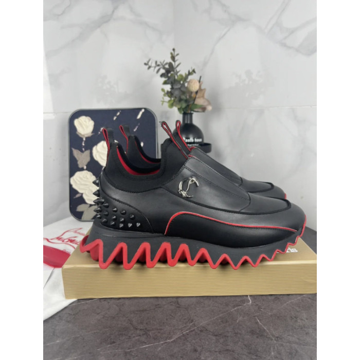 Christian Louboutin Black Slip‑On Sneakers Red Zigzag Sole Spiked Heel