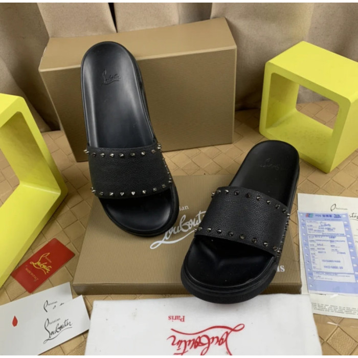 Christian Louboutin Black Grain‑Leather Spiked Flat Slide Sandals