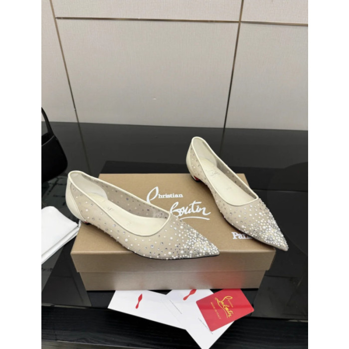 Christian Louboutin Beige Mesh Crystal Pearl Pointed‑Toe Flat Pumps