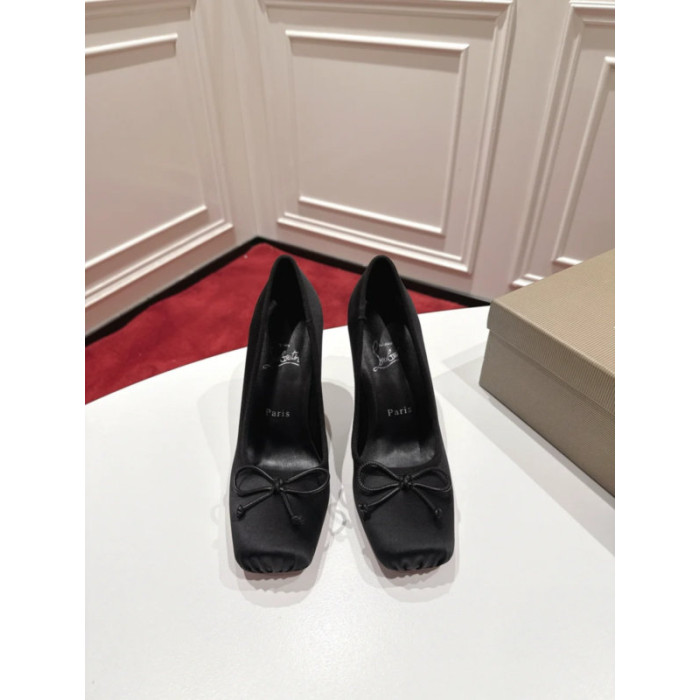 Christian Louboutin Black Satin Bow 100mm Square Toe Stiletto Pumps
