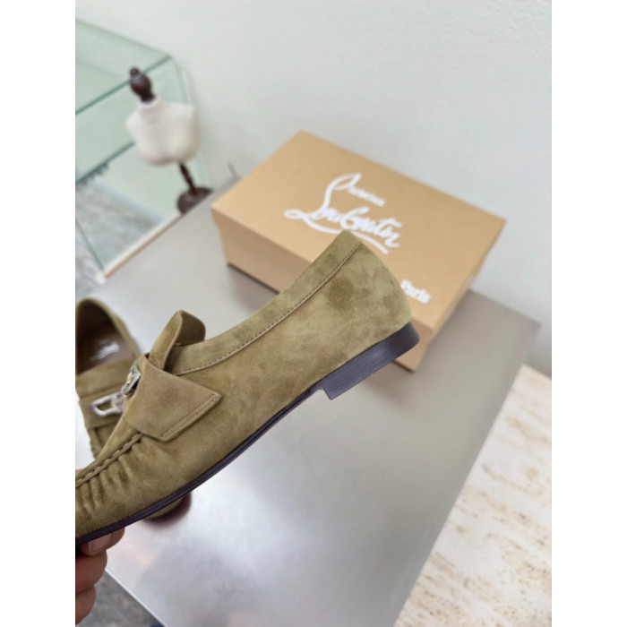 Christian Louboutin Khaki Suede Metal‑Accent Slip‑On Loafers