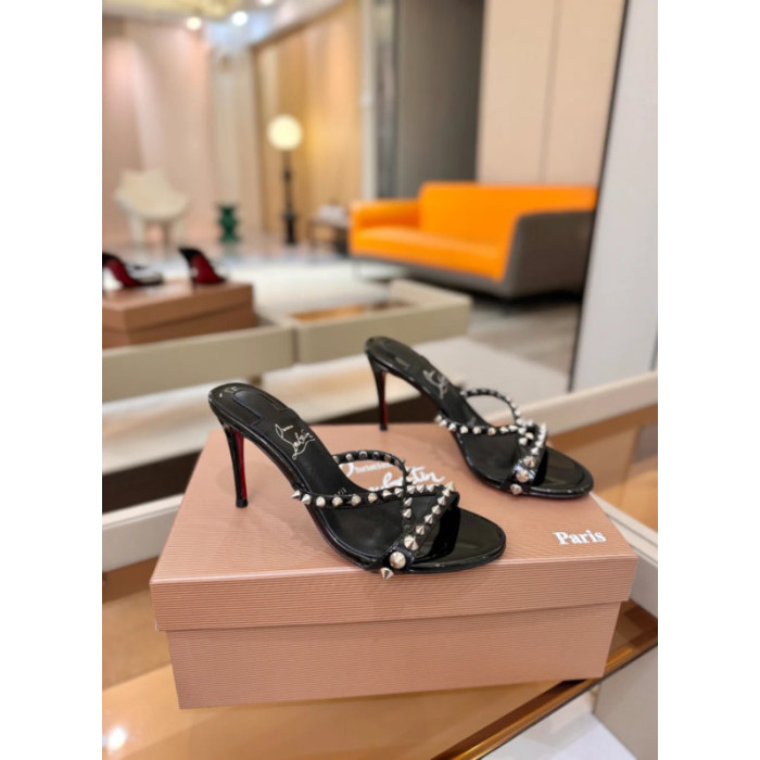 Christian Louboutin Black Patent Studded Crisscross Mule High Heel Sandals 100mm heel