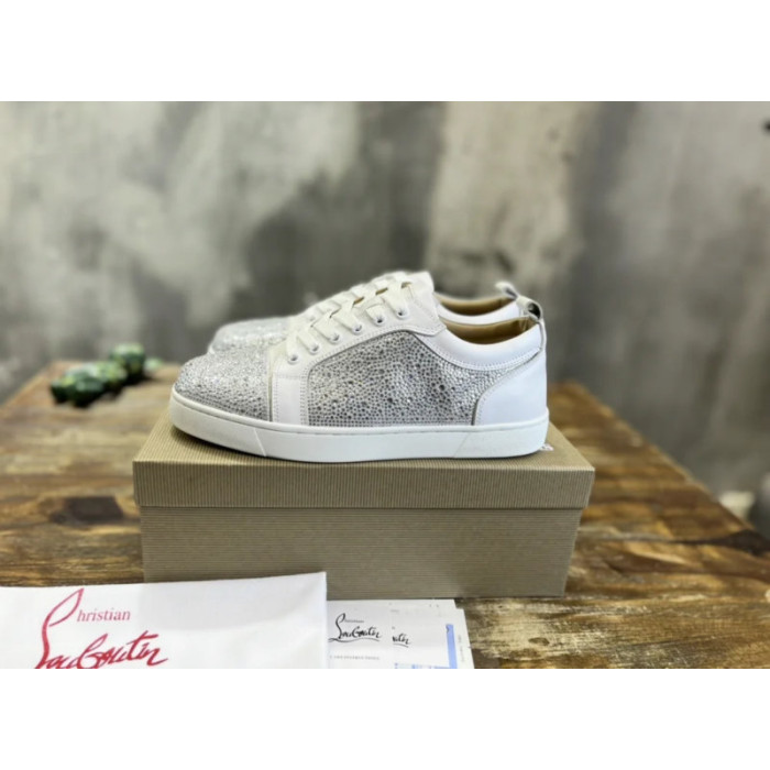 Christian Louboutin White Leather Silver Crystal‑Embellished Low‑Top Men’s Sneakers