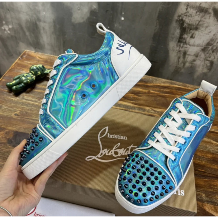 Christian Louboutin Holographic Blue Black‑Spiked Low‑Top Sneakers