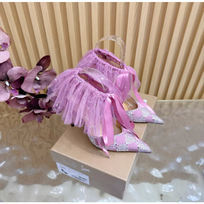 Christian Louboutin Dusty Purple Satin Checkered Crystal‑Embellished 100mm Stiletto Heel Ankle‑Strap Pumps