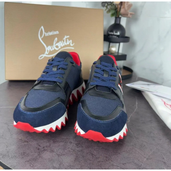 Christian Louboutin Navy‑Black Color‑Block Lace‑Up Sneakers Red Shark‑Tooth Sole