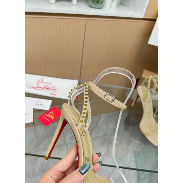 Christian Louboutin Beige Leather Gold‑Spiked Ankle‑Strap Sandal 100mm heel