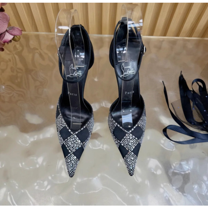 Christian Louboutin Black Satin Checkered Crystal‑Embellished 100mm Stiletto Heel Ankle‑Strap Pumps