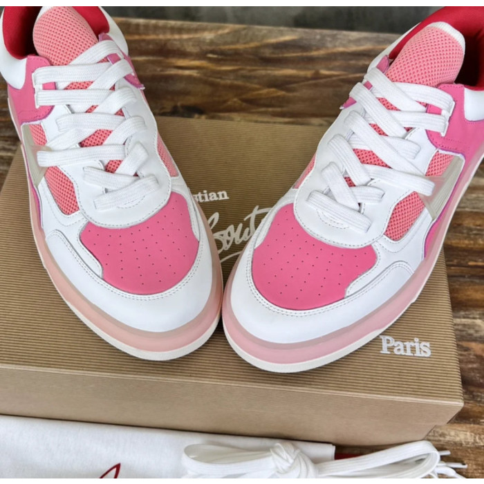 Christian Louboutin Pink White Mixed‑Media Spiked Low‑Top Sneakers